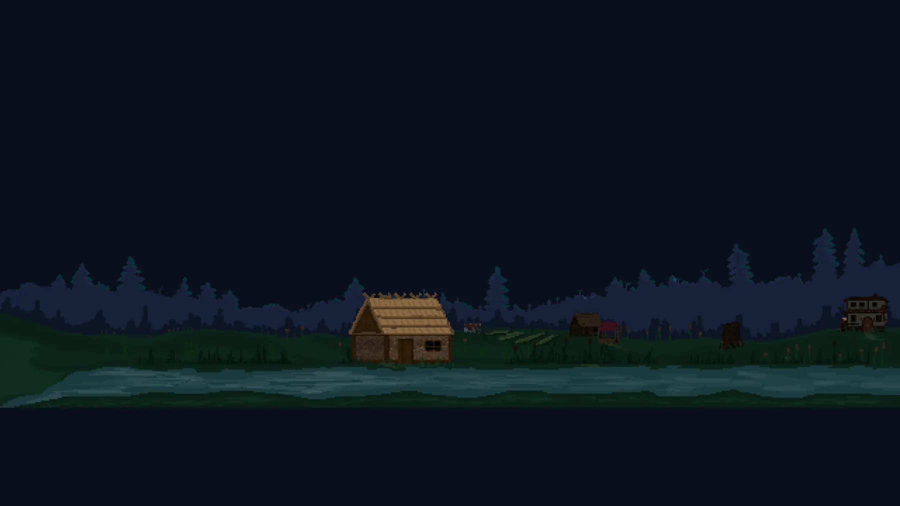 Supplied pixel-art game scene showing a village at night